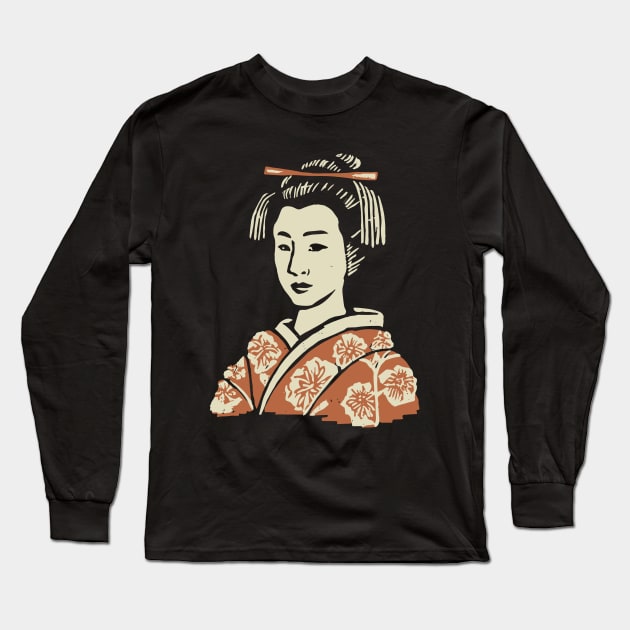 Japanese Geisha Linocut Print Long Sleeve T-Shirt by craftydesigns